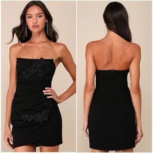 Lulus Divine Sensation Black 3D Embroidered Strapless Mini Dress Size Medium NEW